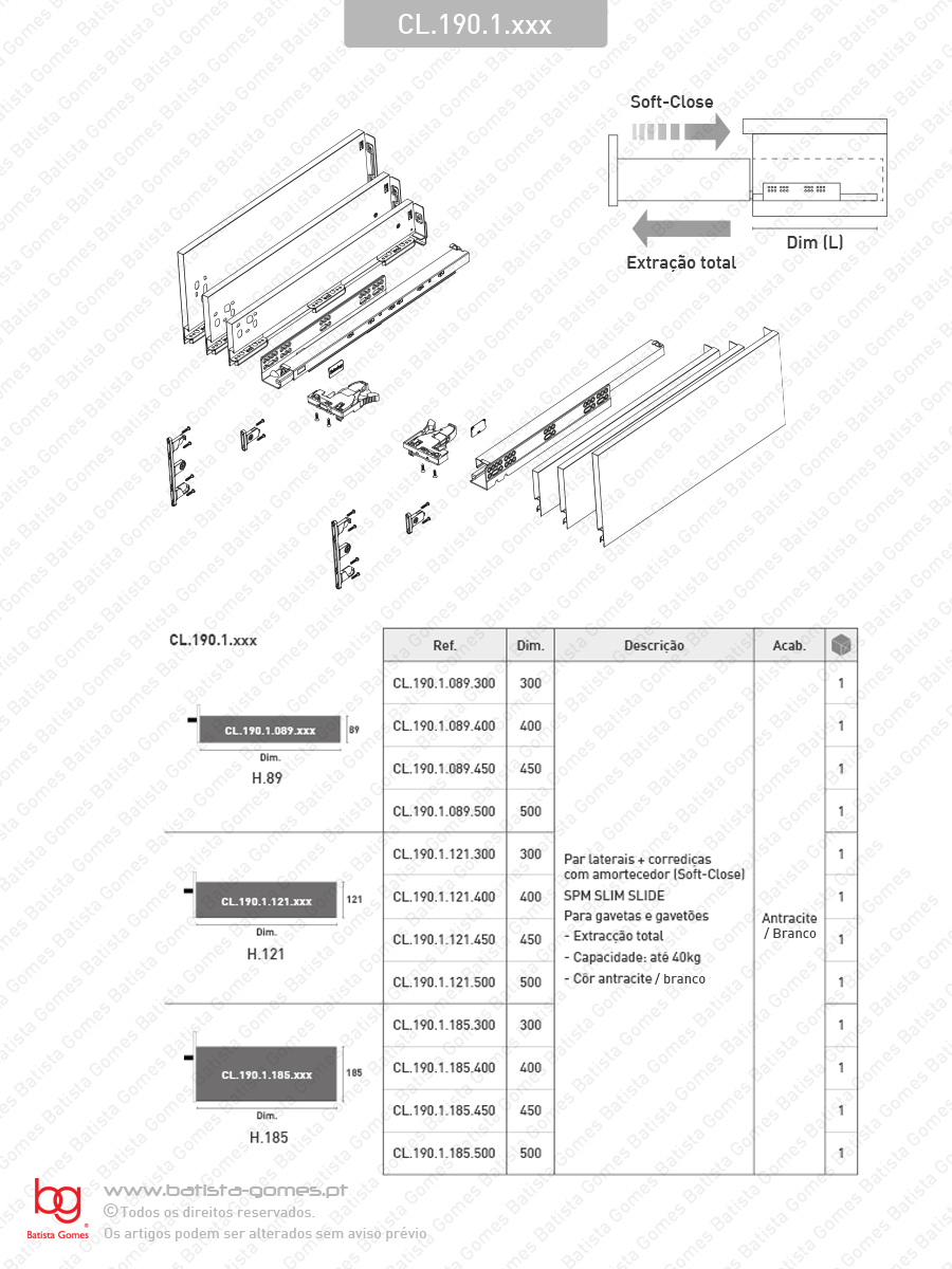 Sistema de laterais com corredi�as Soft-Close para gavetas e gavet�es / Extra��o total / 40kg